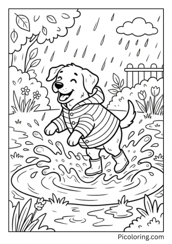 A playful Labrador splashing in a big spring rain puddle wearing a raincoat