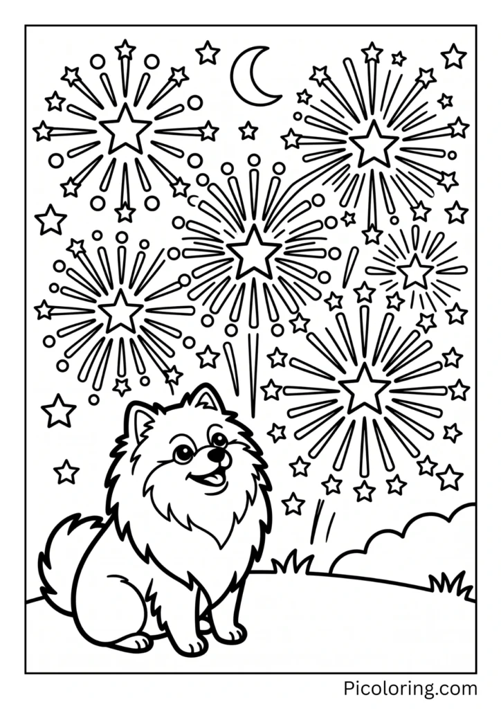 A pomeranian dog watching beautiful colorful fireworks exploding in the dark night sky A pomeranian dog watching beautiful colorful fireworks exploding in the dark night sky