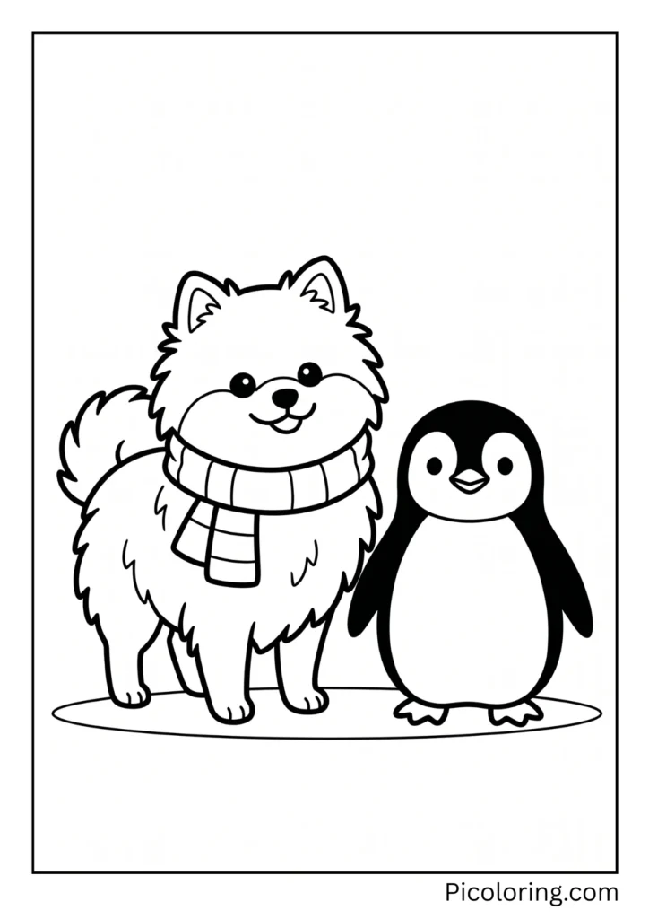A pomeranian dog wearing a scarf standing next to a little tuxedo penguin A pomeranian dog wearing a scarf standing next to a little tuxedo penguin