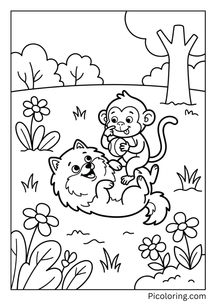 A pomeranian funny dog playing silly games with a cheeky little monkey outside A pomeranian funny dog playing silly games with a cheeky little monkey outside