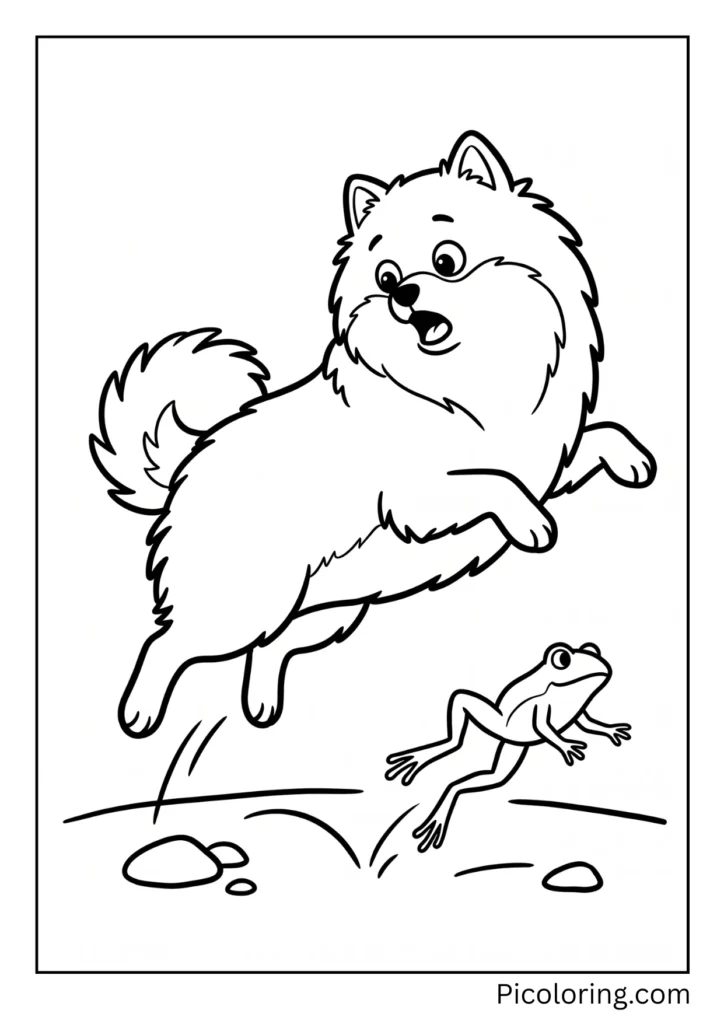 A pomeranian startled dog jumping back as a little green frog suddenly hops up A pomeranian startled dog jumping back as a little green frog suddenly hops up
