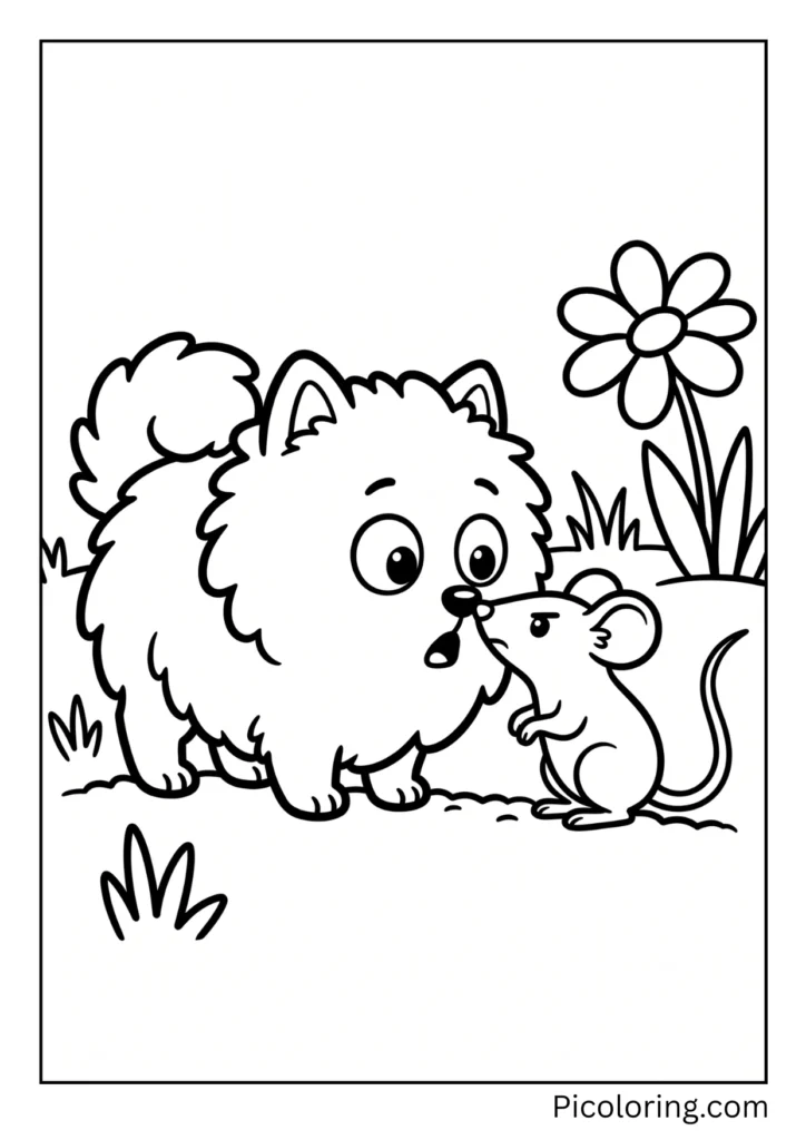 A pomeranian surprised Pomeranian dog coming nose to nose with a tiny brave little mouse A pomeranian surprised Pomeranian dog coming nose to nose with a tiny brave little mouse