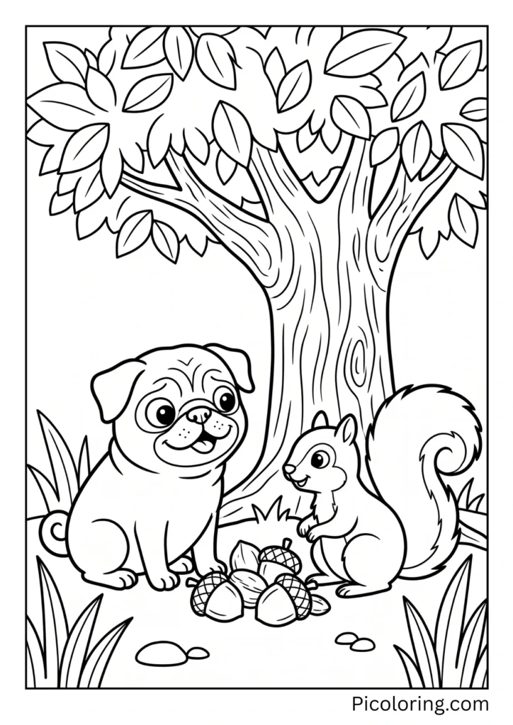 A pug and a bushy-tailed gray squirrel sitting together under a tree sharing acorns and nuts