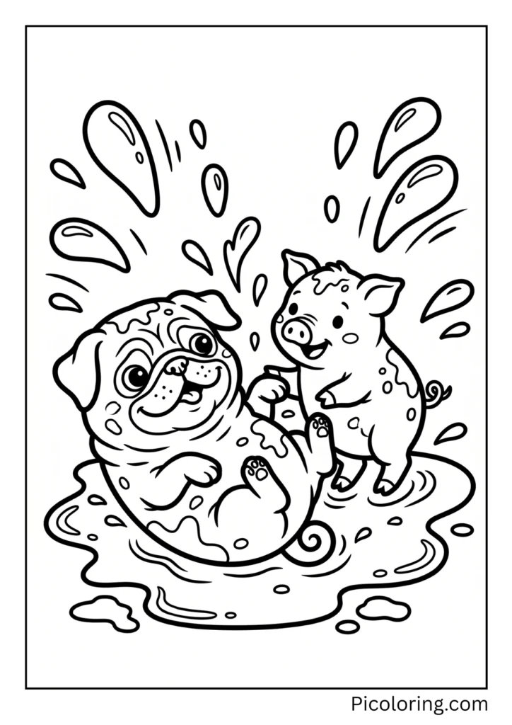 A pug and a pink baby pig both rolling around together in a fun muddy puddle getting messy