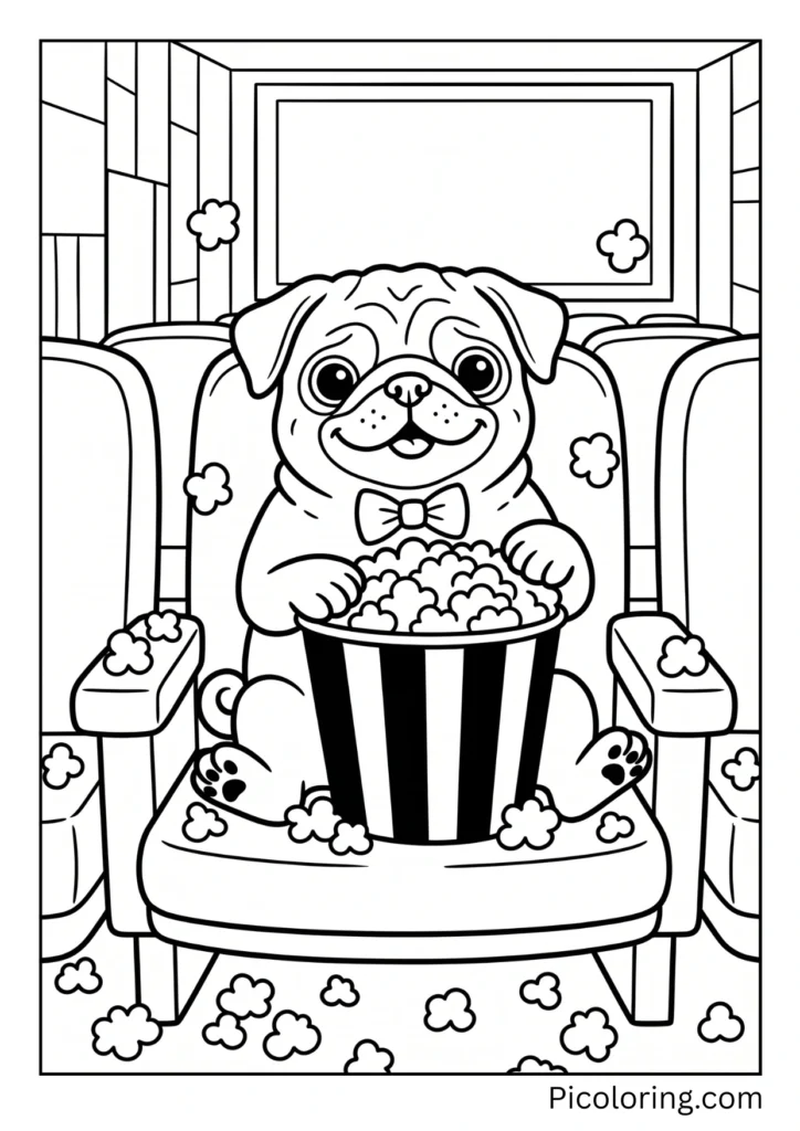 A pug at the movies with a giant striped popcorn bucket with fluffy white popcorn pieces everywhere