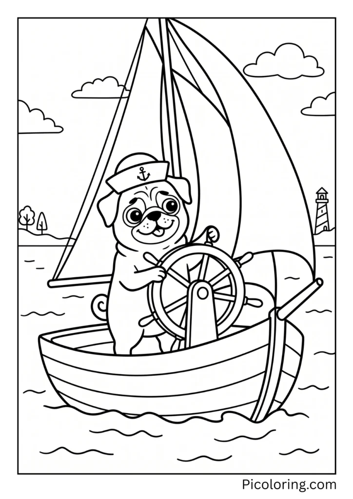 A pug captain wearing a sailor hat standing at the wheel of a sailboat with billowing white sails on blue water