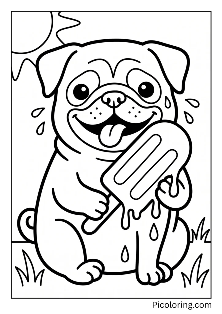 A pug holding a melting orange popsicle on a stick with drips running down in the summer heat