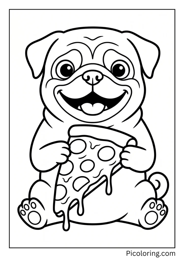 A pug holding a triangle slice of pepperoni pizza with melted cheese dripping down and a happy face
