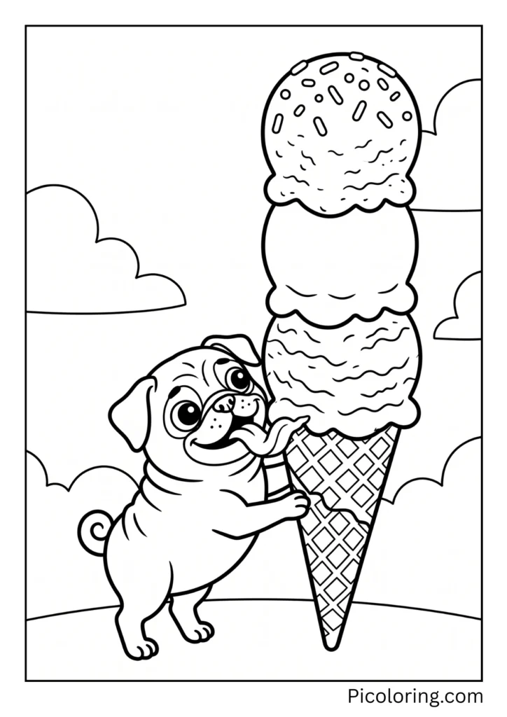 A pug licking a tall ice cream cone with three scoops in chocolate, vanilla, and strawberry with sprinkles on top