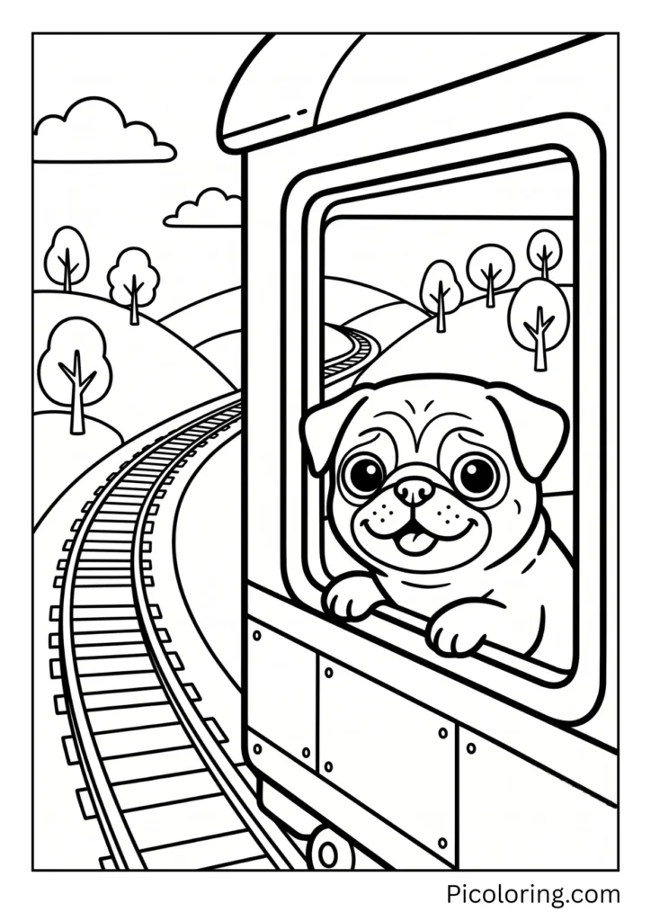 A pug looking out the window of a train car as it chugs along railroad tracks through the countryside