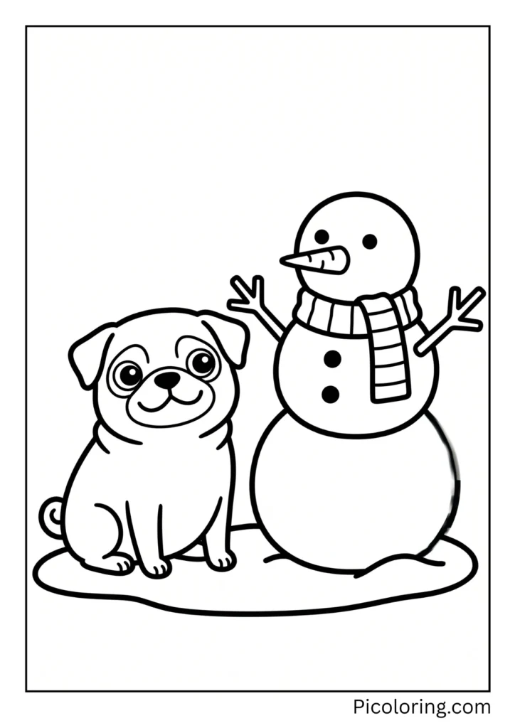 A pug next to a snowman with three snowballs stacked, a carrot nose, coal eyes, and a scarf