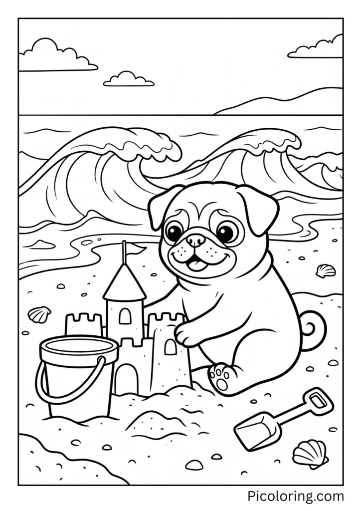A pug on sandy beach building a sandcastle with a bucket and shovel with ocean waves behind it