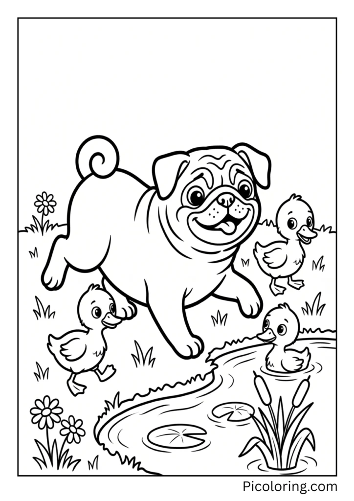 A pug playing at the edge of a blue pond with three yellow baby ducklings waddling around it