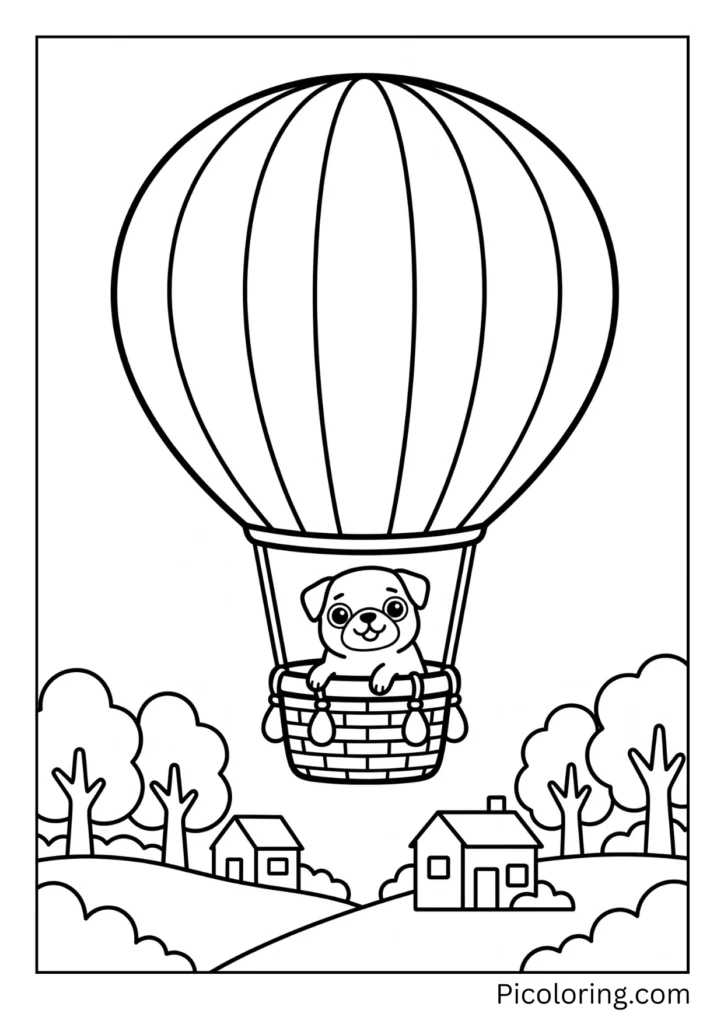 A pug riding in the basket of a colorful striped hot air balloon floating over trees and houses below