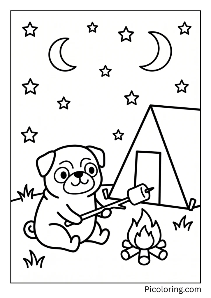A pug sitting by a triangle tent under a starry night sky roasting a marshmallow over a campfire