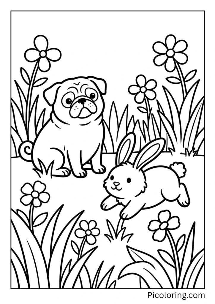 A pug sitting in green grass next to a white fluffy bunny rabbit with long ears hopping beside it