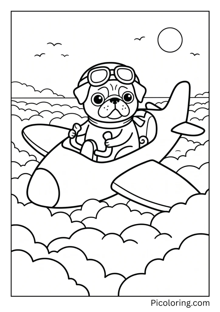 A pug sitting in the pilot seat of an airplane wearing goggles flying high above fluffy white clouds