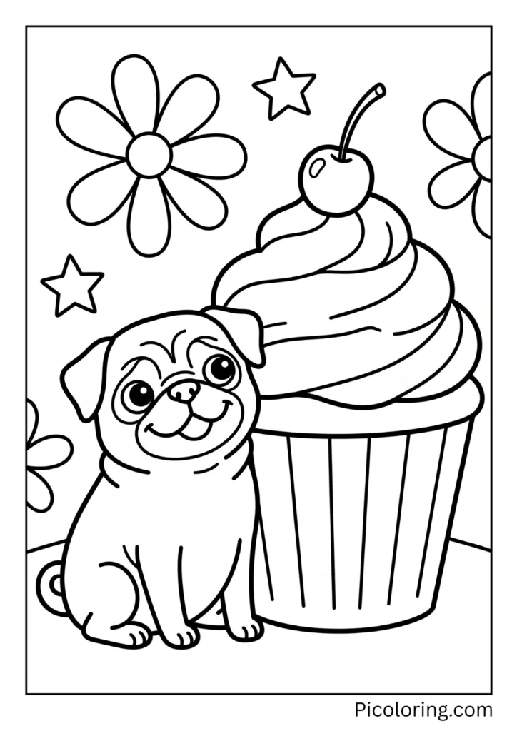 A pug sitting next to a giant cupcake with swirled pink frosting and a cherry on top
