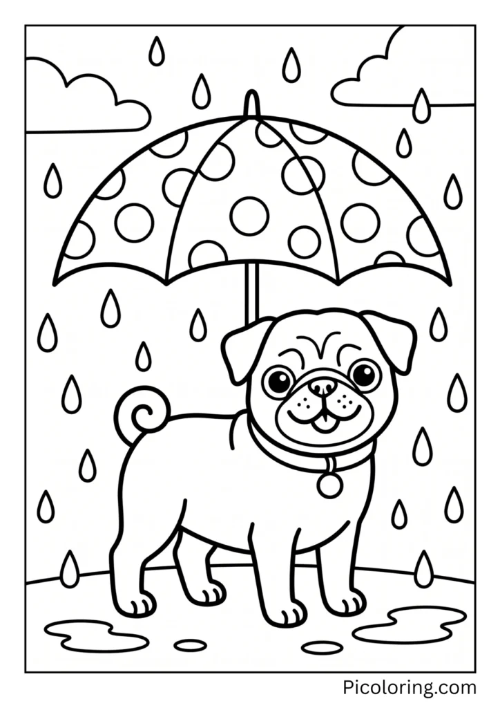 A pug standing under a red and white polka dot umbrella while spring rain drops fall all around