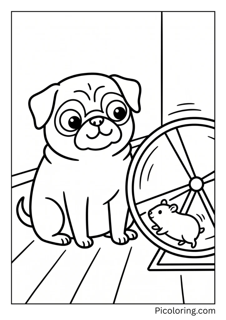 A pug watching with curious eyes as a small brown hamster runs on a colorful spinning wheel