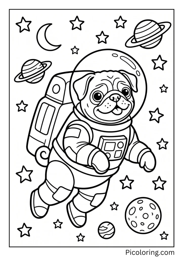 A pug wearing a big white space suit with a clear bubble helmet floating among stars and planets