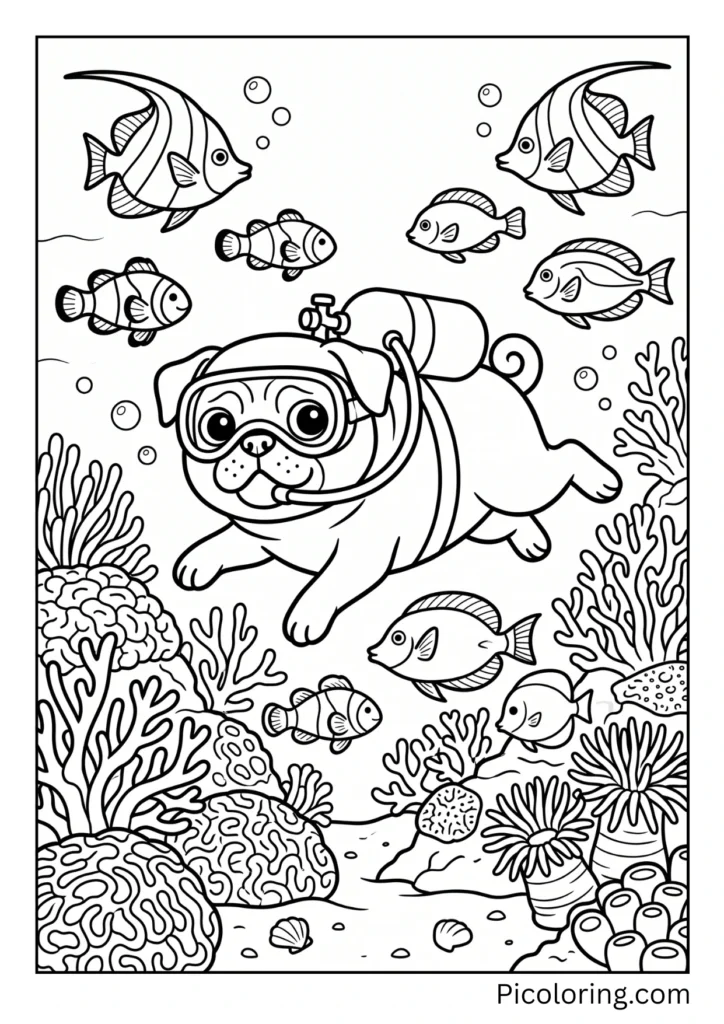A pug wearing a diving mask and oxygen tank swimming underwater surrounded by tropical fish and coral
