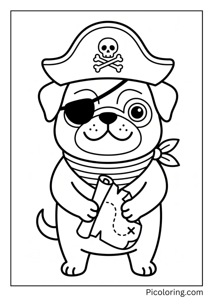 A pug with a black eye patch over one eye, striped bandana, and pirate hat with a skull symbol holding a treasure map