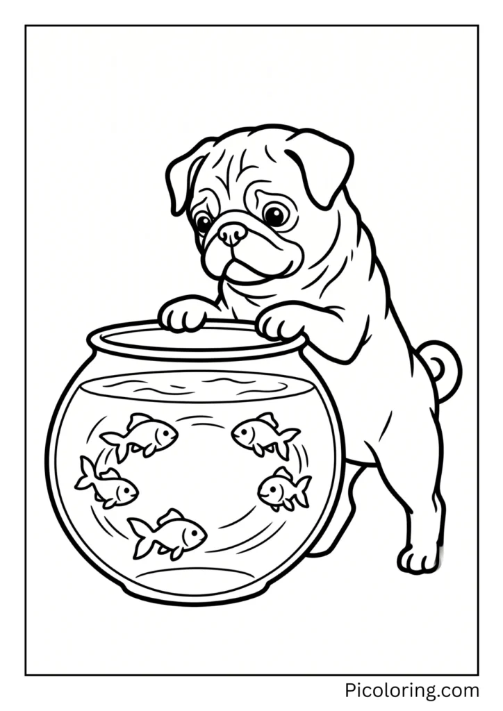 A pug with its paws up on a round glass fishbowl watching orange goldfish swimming in circles