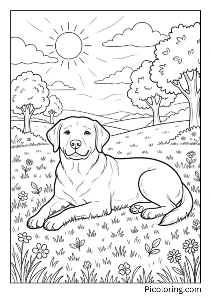 A relaxed dog lying on warm grass under bright summer sunshine looking peaceful