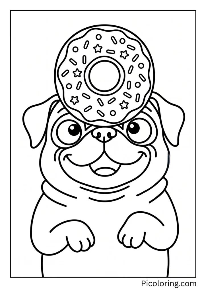 A silly pug with a round glazed donut with rainbow sprinkles balanced on its nose looking cross-eyed