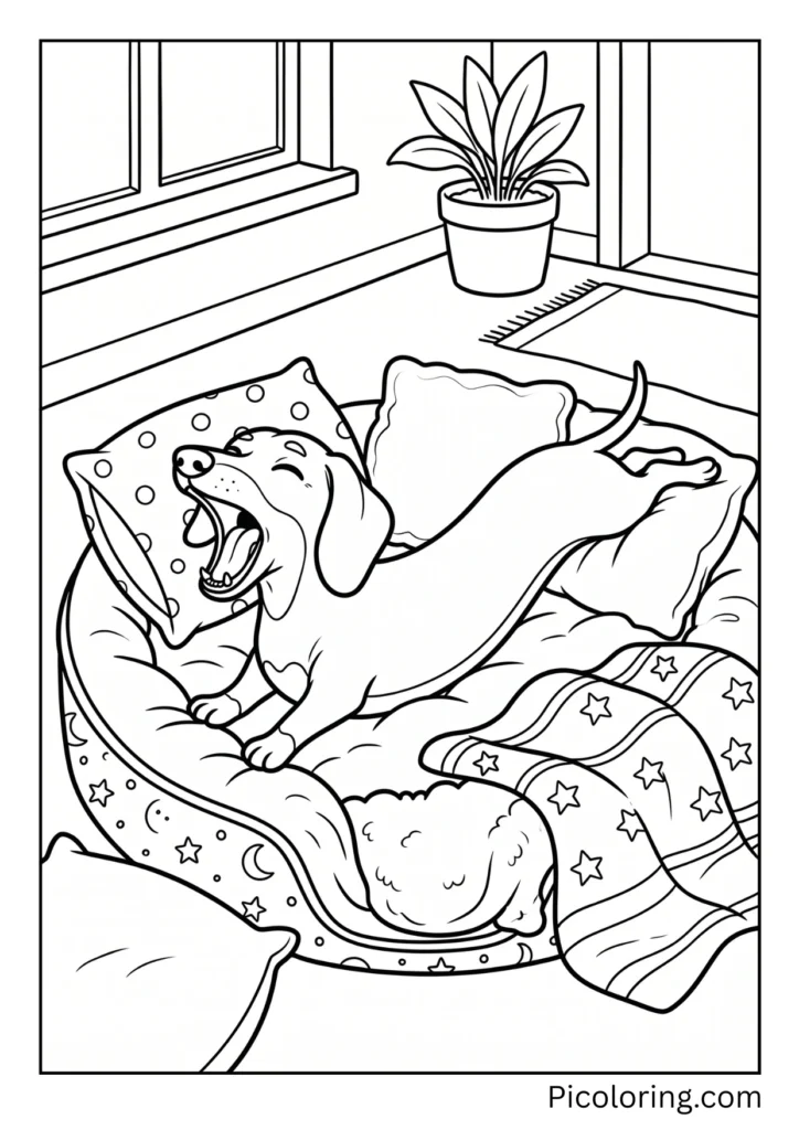 A sleepy dachshund stretching his long body in a cozy bed with a big yawn