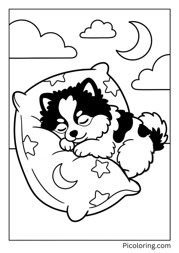 A sleepy pomeranian puppy resting its tiny head on a big soft pillow A sleepy pomeranian puppy resting its tiny head on a big soft pillow