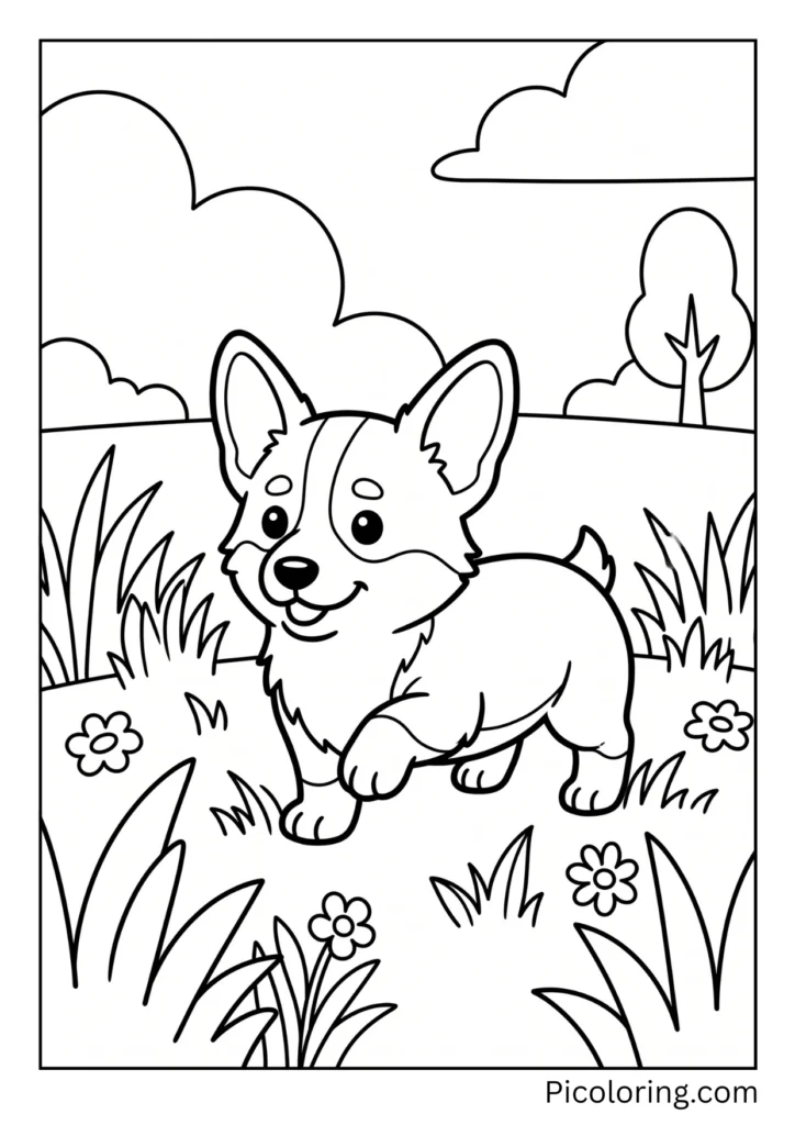 A small corgi puppy taking its first steps on the grass A small corgi puppy taking its first steps on the grass