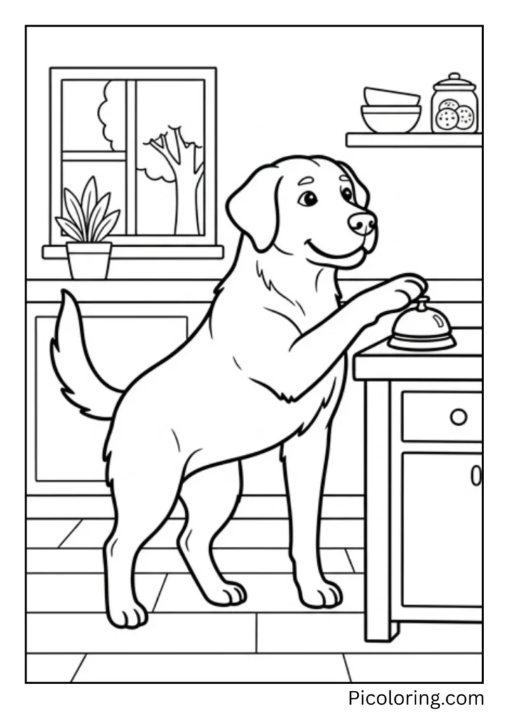 A smart dog standing and touching a bell with its paw to signal it needs something