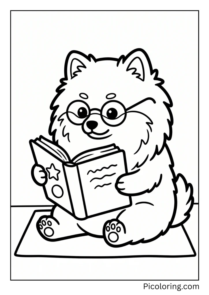 A smart pomeranian dog wearing tiny glasses reading a very interesting storybook A smart pomeranian dog wearing tiny glasses reading a very interesting storybook