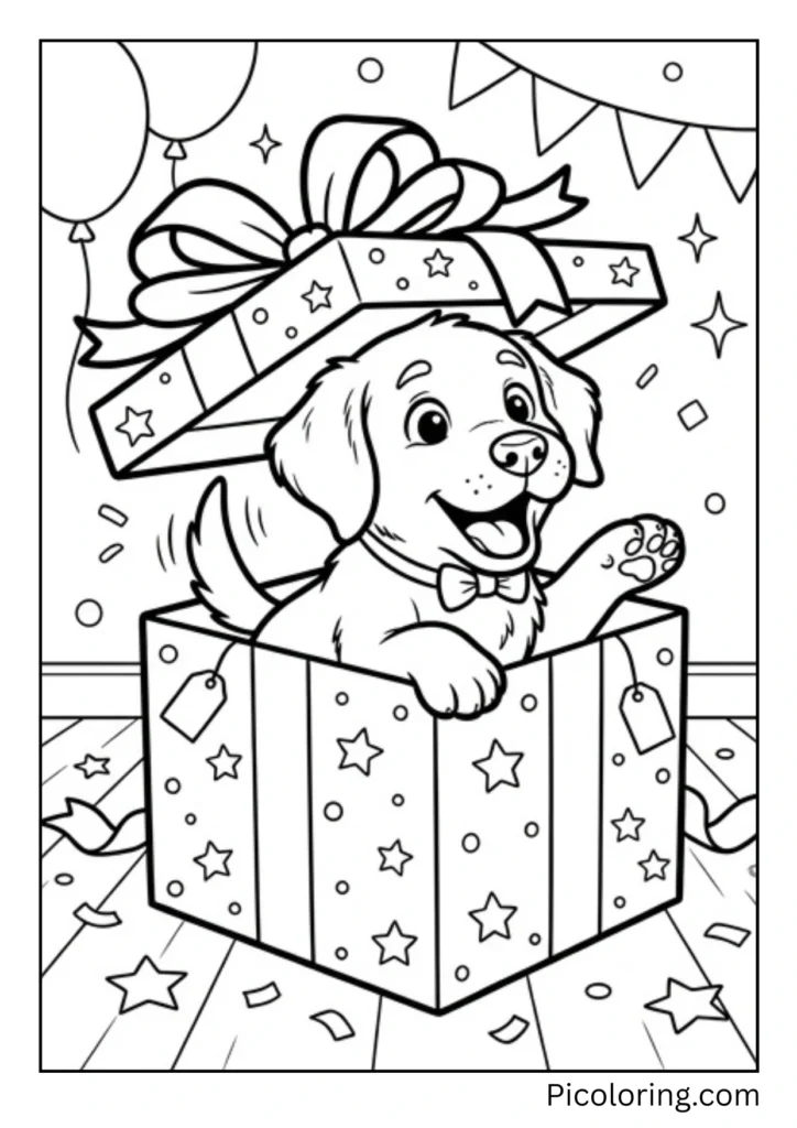 A surprised Labrador puppy popping out of a large gift box with a ribbon on top