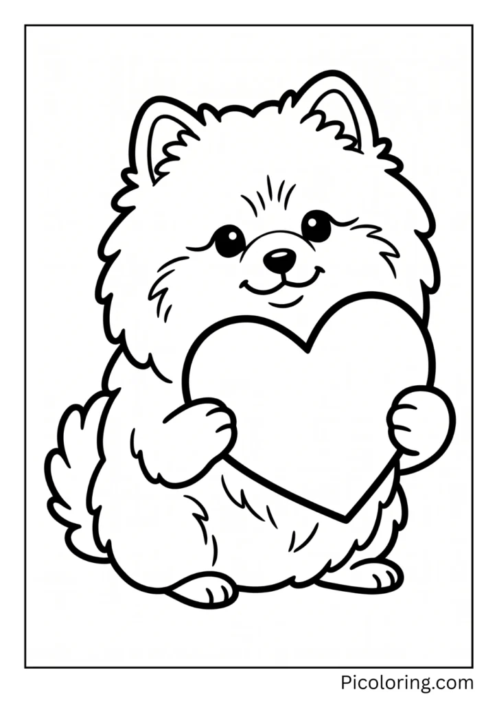 A sweet pomeranian dog holding a big red heart shaped Valentine card lovingly A sweet pomeranian dog holding a big red heart shaped Valentine card lovingly