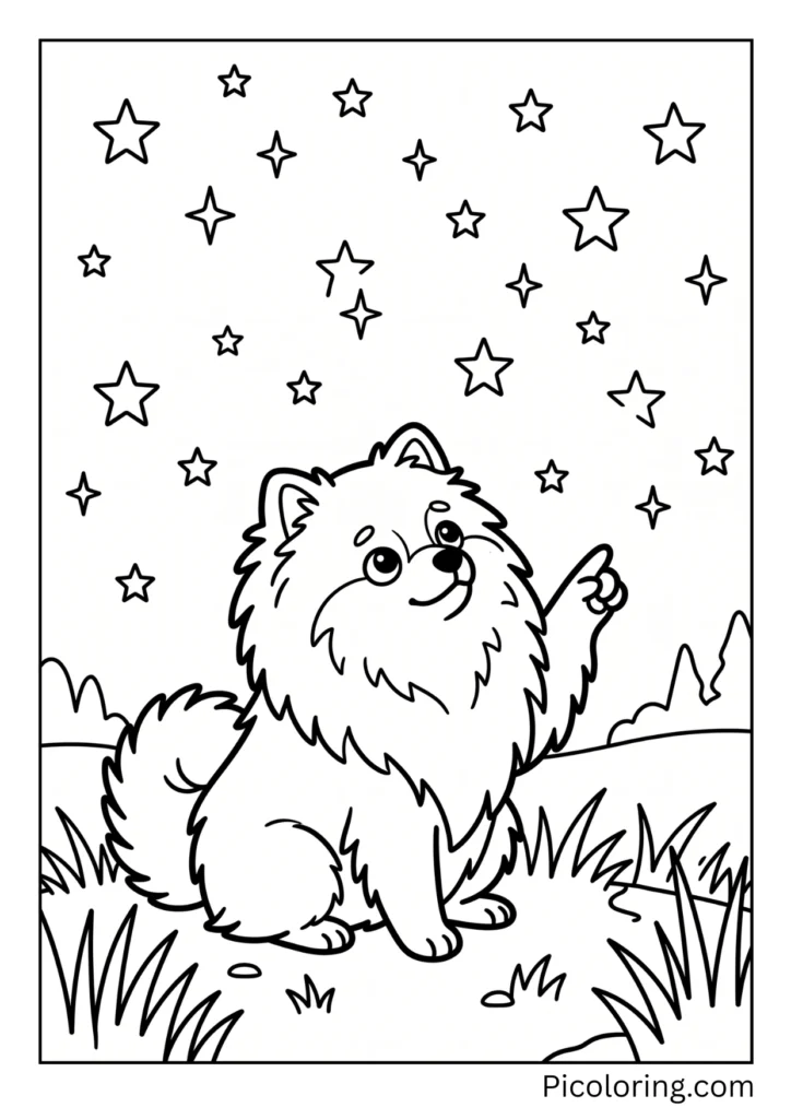 A thoughtful pomeranian dog sitting outside carefully counting all the twinkling night stars A thoughtful pomeranian dog sitting outside carefully counting all the twinkling night stars