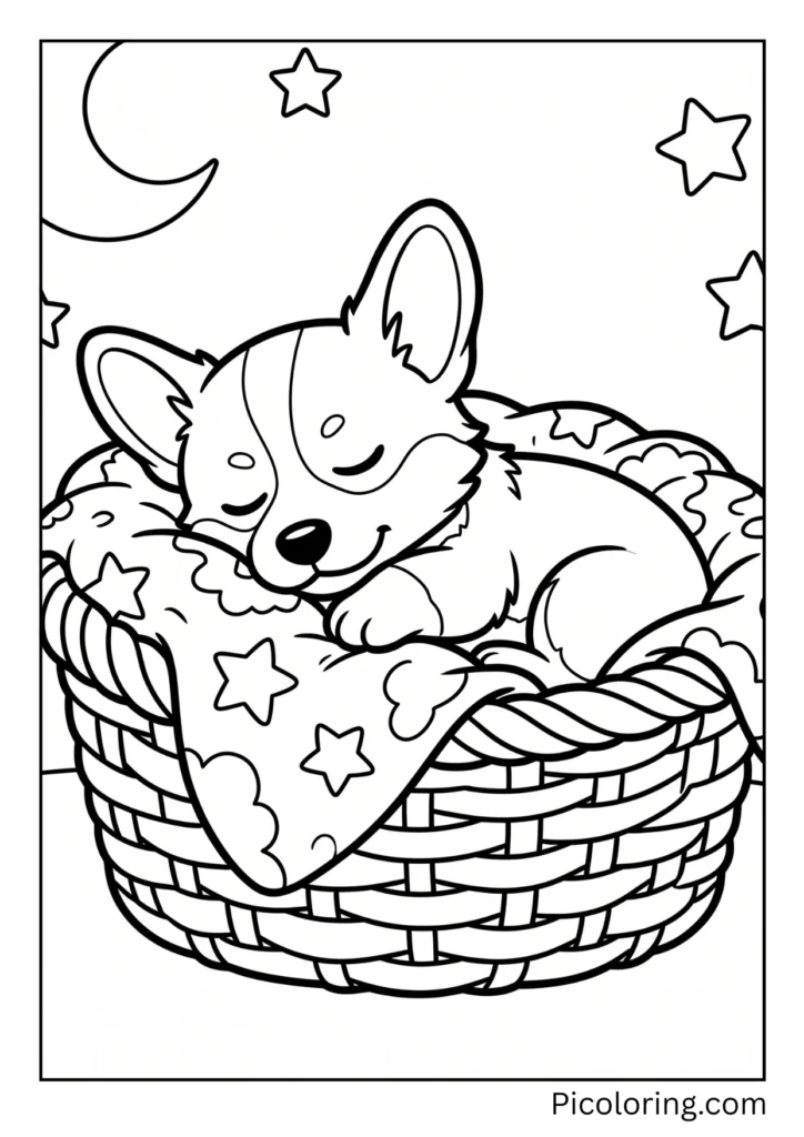 A tiny corgi puppy sleeping in a basket with a soft blanket A tiny corgi puppy sleeping in a basket with a soft blanket
