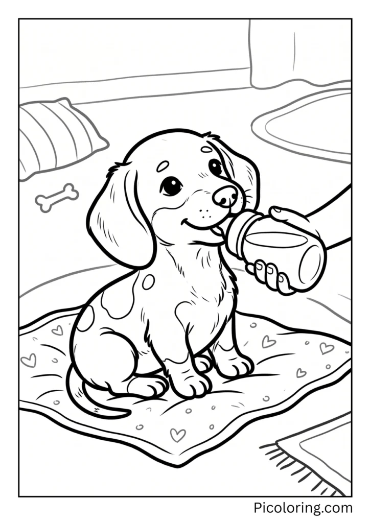 A tiny dachshund puppy drinking milk from a bottle looking very cute