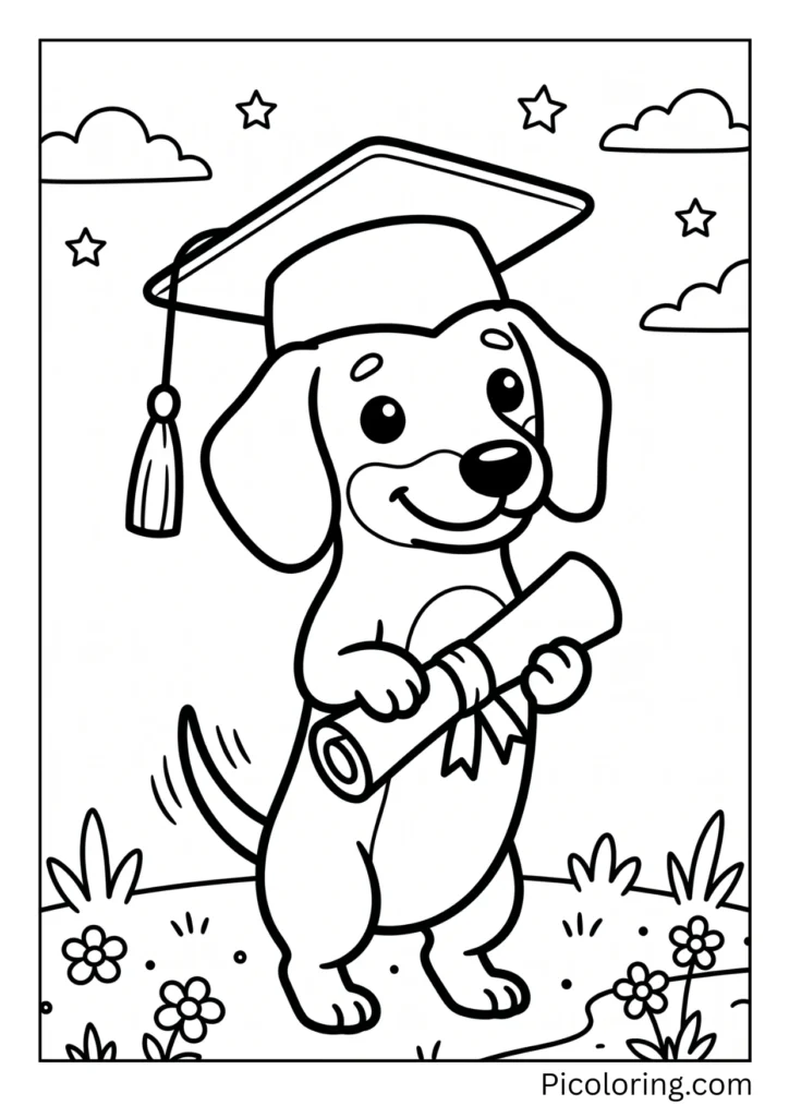 A tiny dachshund wearing a graduation cap and holding a diploma proudly