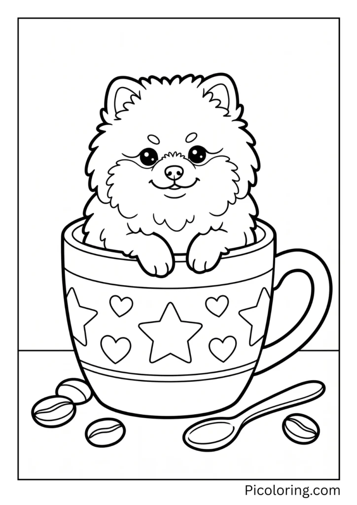 A tiny fluffy pomeranian puppy sitting inside a giant coffee mug looking adorable A tiny fluffy pomeranian puppy sitting inside a giant coffee mug looking adorable