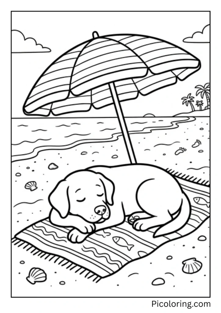 A tired Labrador resting in the cool shade under a striped beach umbrella