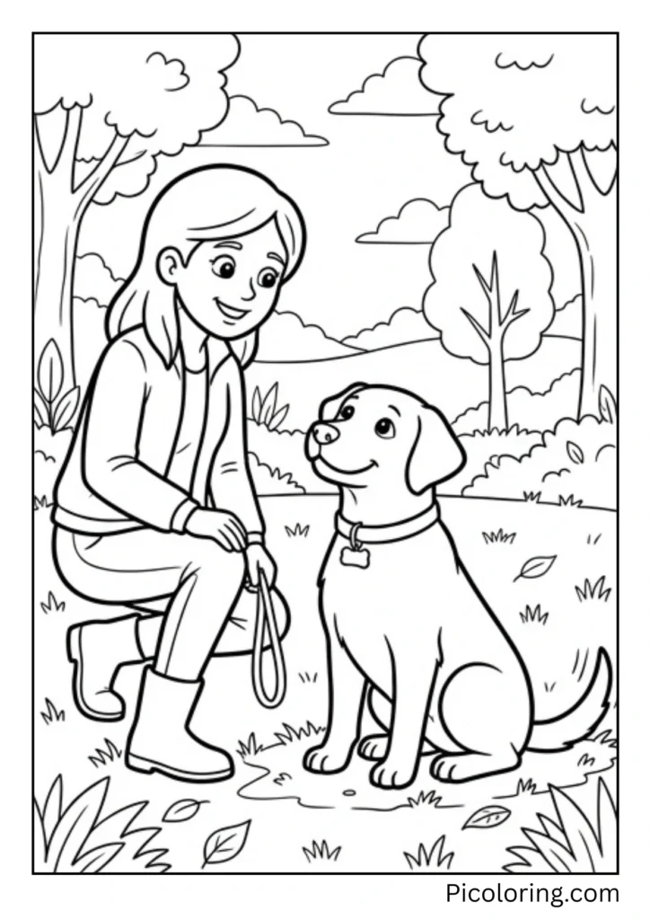 A well behaved Labrador sitting straight with its tail on the ground looking at its trainer