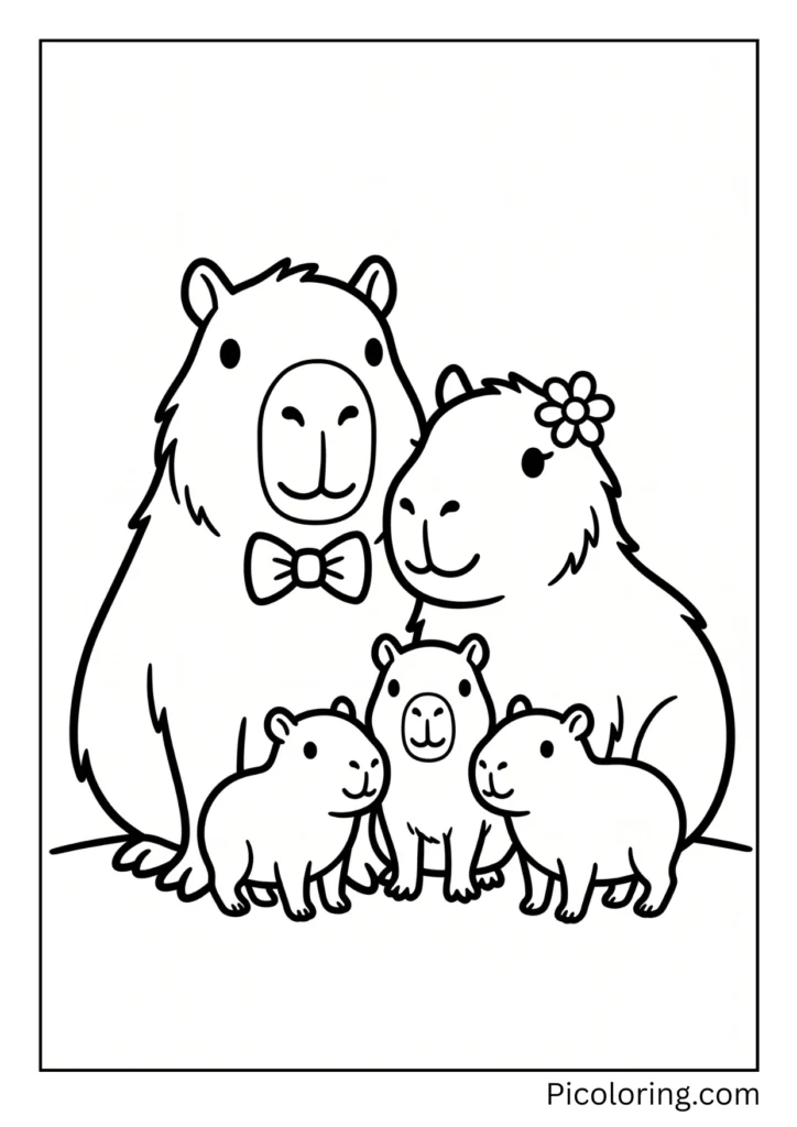 A whole capybara family posing together for a family photo A whole capybara family posing together for a family photo