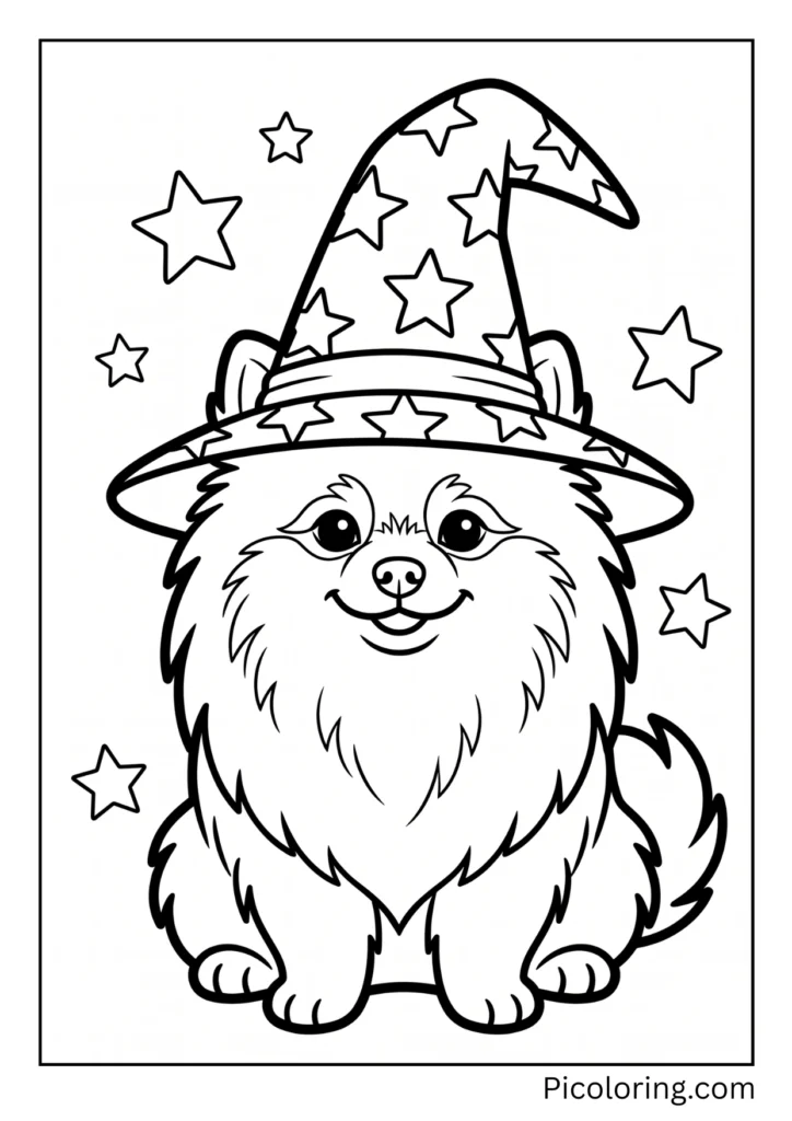 A wise pomeranian dog wearing a tall pointy hat covered in magical golden stars A wise pomeranian dog wearing a tall pointy hat covered in magical golden stars