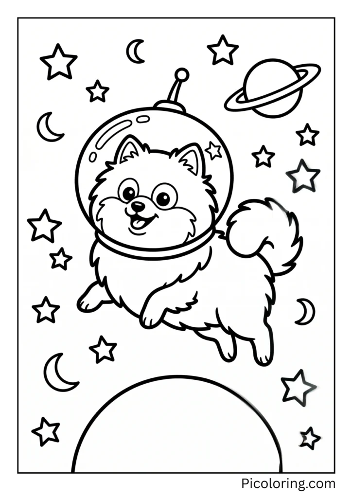 An adventurous pomeranian dog wearing a space helmet floating among the stars above An adventurous pomeranian dog wearing a space helmet floating among the stars above