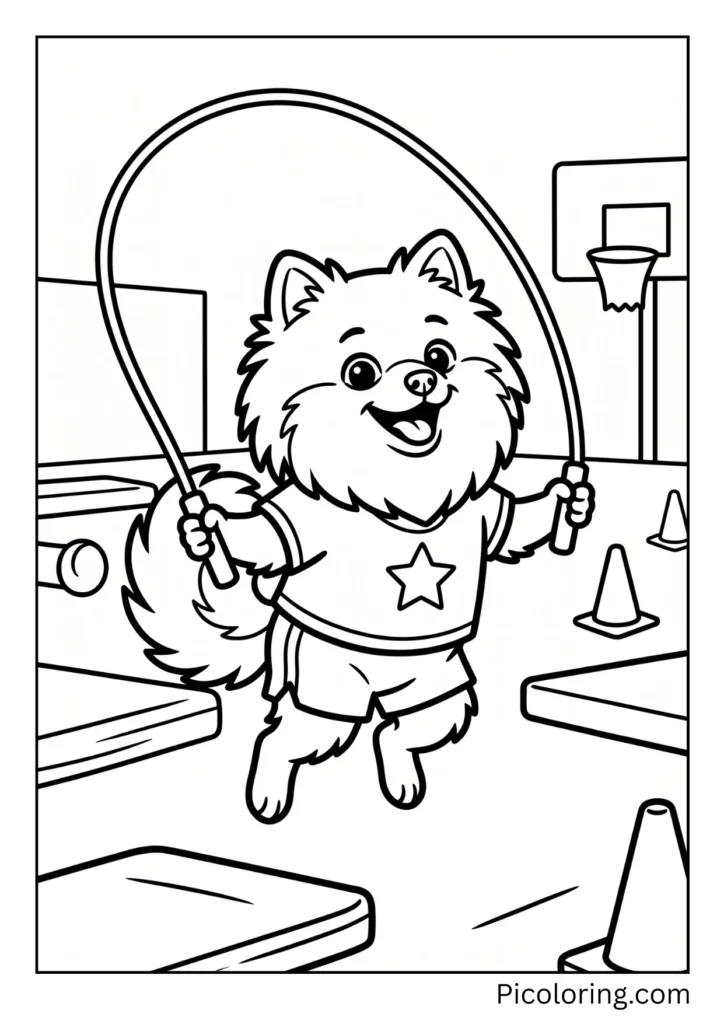 An athletic pomeranian dog jumping rope during a fun and very energetic gym class An athletic pomeranian dog jumping rope during a fun and very energetic gym class