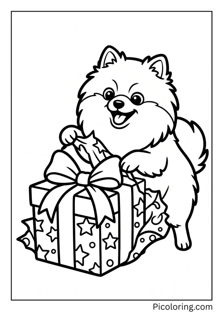 An excited pomeranian dog tearing open a big bow-topped colorful birthday present eagerly An excited pomeranian dog tearing open a big bow-topped colorful birthday present eagerly