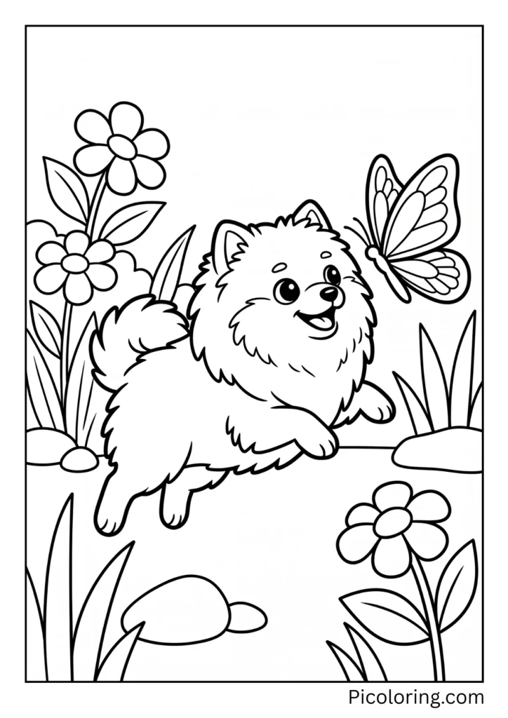 An excited pomeranian puppy leaping after a pretty colorful butterfly in the garden An excited pomeranian puppy leaping after a pretty colorful butterfly in the garden
